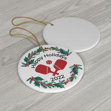 Load image into Gallery viewer, Pickleball Happy Holidays Round Ceramic Ornament
