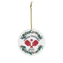 Load image into Gallery viewer, Pickleball Happy Holidays Round Ceramic Ornament
