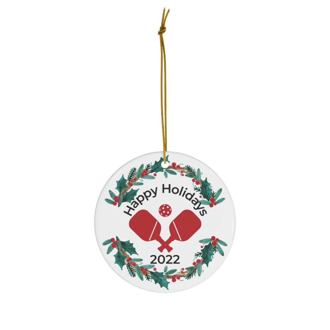 Pickleball Happy Holidays Round Ceramic Ornament